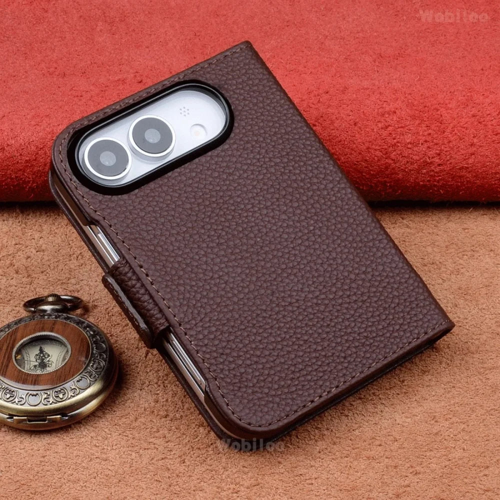 Premium Cowhide Leather Hand-sewn Flip Case for iPhone Duo Business Full Cover