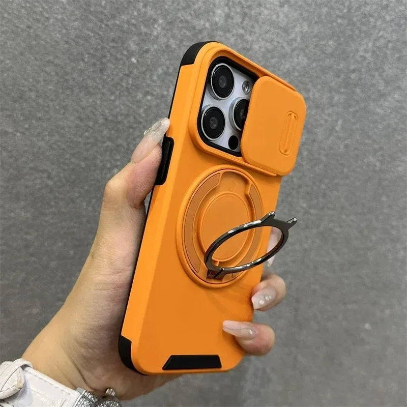 Heavy-Duty Rugged Armor Magnetic Bracket Phone Case For iPhone 17 16 Plus 15 14 13 12 11 Pro Max Slide Camera Protection Cover