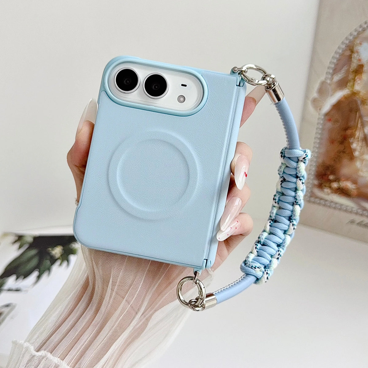 Fashion Macaron Candy Color Lychee Leather Texture Case for iPhone Duo 18 Fold for Magsafe Hand Braided Wriststrap Protect Cover