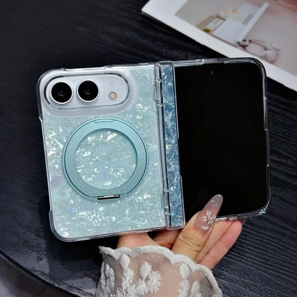 Dreamy Shell Pattern Rotation Stand All-Around Case For iPhone 18 Fold 18Duo For iPhone Duo Auto-Snap Hinge Protection Cover