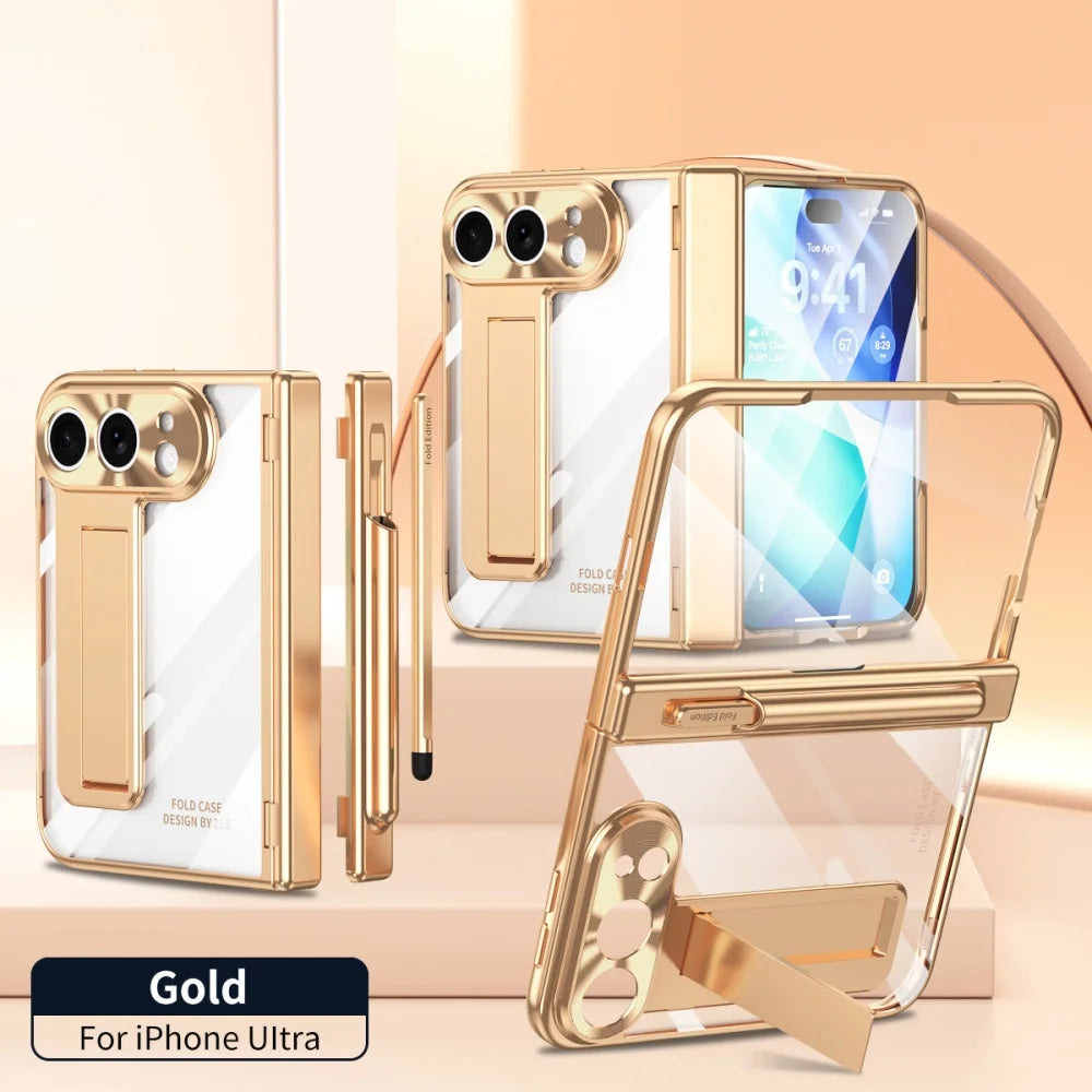 For iPhone Duo Case Electroplating Magnetic Hinge Case for iPhone Duo Pen Holder Folding Bracket Glass Film Thin Clear Cover