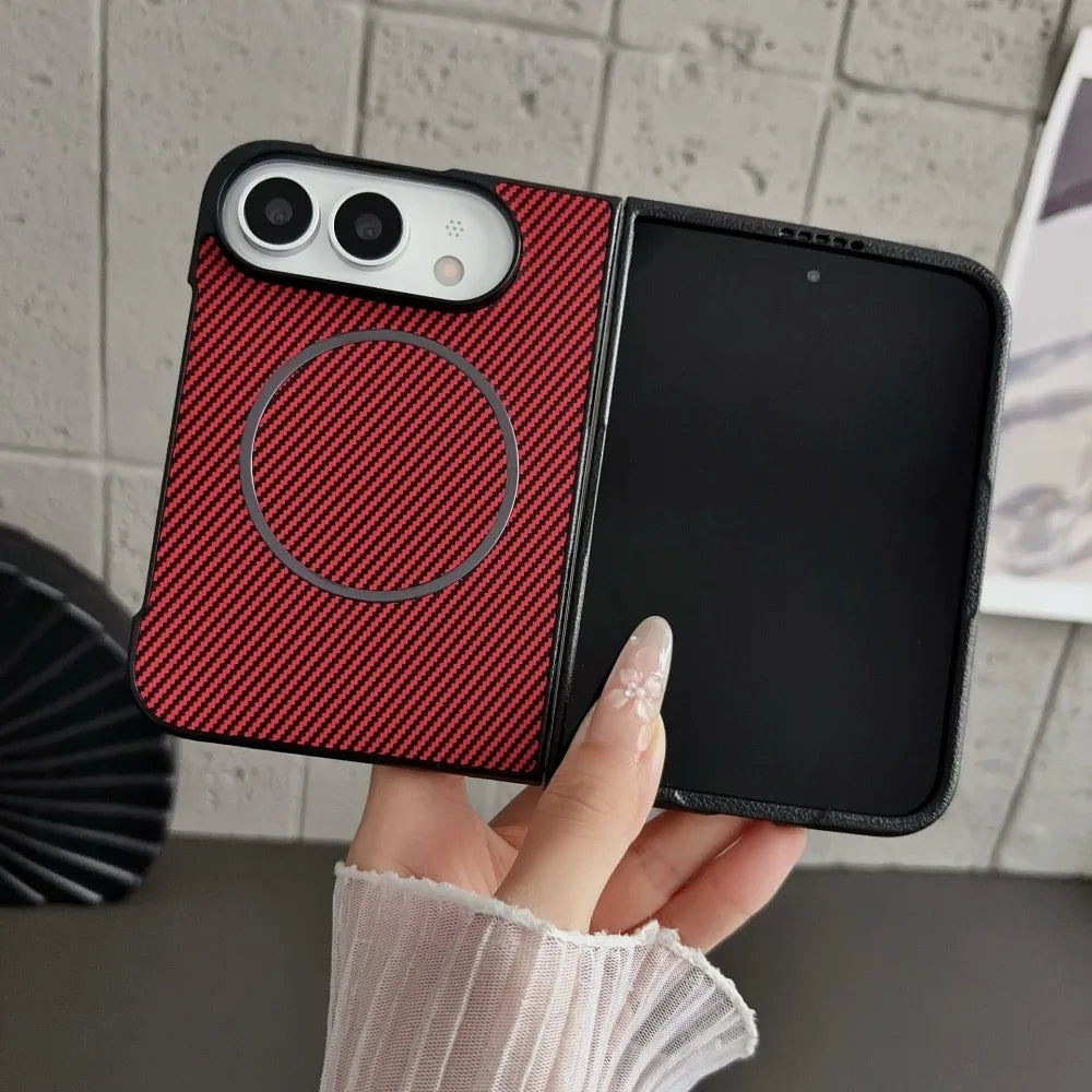 Luxury Slim Carbon Fiber Pattern for MagSafe Magnetic Charge Fold Case for iPhone Duo Shockproof Back Hard Bumper Fold Fundas