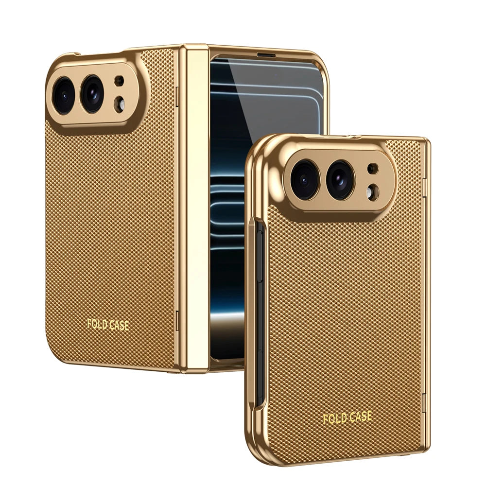 KEYSION Luxuxy PU Leather Fold Phone Case for iPhone Ultra Duo Plating PC Shockproof Back Cover With Hinge+HD Screen Protector