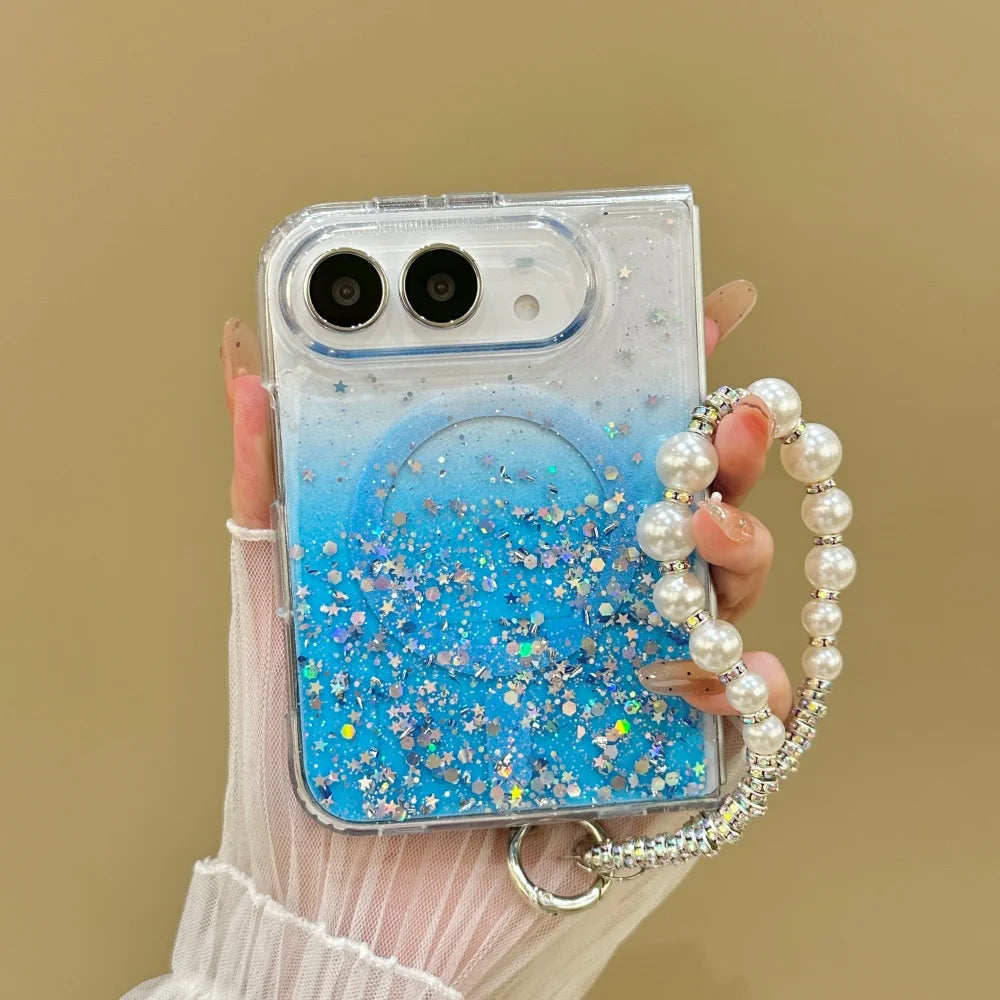 Luxury Gradient Glitter Sequins Pearl Wristband Bracelet For Magsafe Case For iPhone Duo Clear Wireless Charge Shockproof Cover