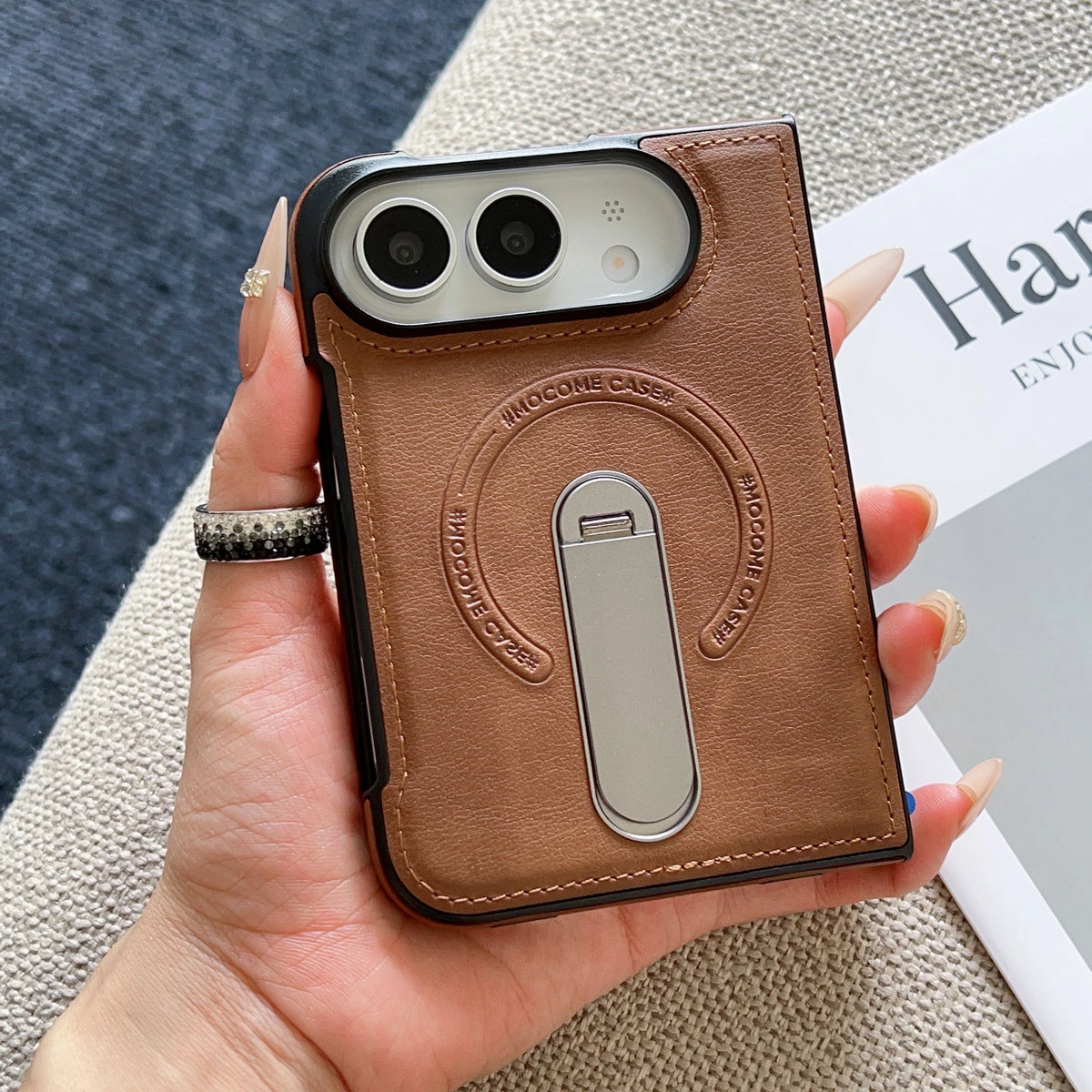 Magsafe For iPhone Duo Case Luxury Matte Leather Magnetic Rotating Ring Holder Shockproof Protection Back Cover Accessories