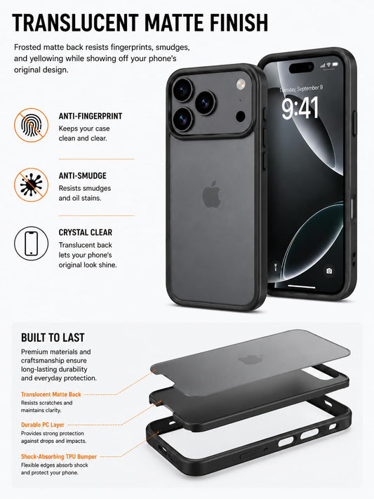 Durchscheinende matte Hülle für iPhone 17 Pro, schlanke stoßfeste Abdeckung, 3m Fallschutz nach Militärstandard, kratzfester Bumper, Schwarz