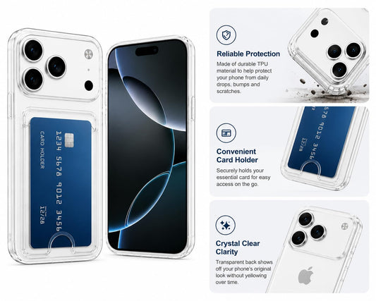 Durchsichtige Brieftaschenhülle für iPhone 17 Pro, schlanke TPU-stoßfeste Hülle mit Kartenhalter, kristallklar