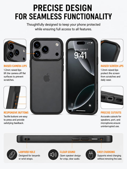 Durchscheinende matte Hülle für iPhone 17 Pro, schlanke stoßfeste Abdeckung, 3m Fallschutz nach Militärstandard, kratzfester Bumper, Schwarz