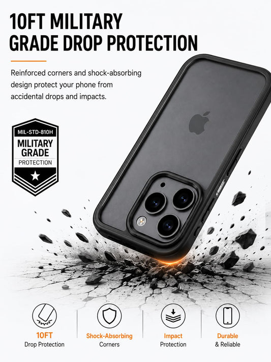 Durchscheinende matte Hülle für iPhone 17 Pro, schlanke stoßfeste Abdeckung, 3m Fallschutz nach Militärstandard, kratzfester Bumper, Schwarz