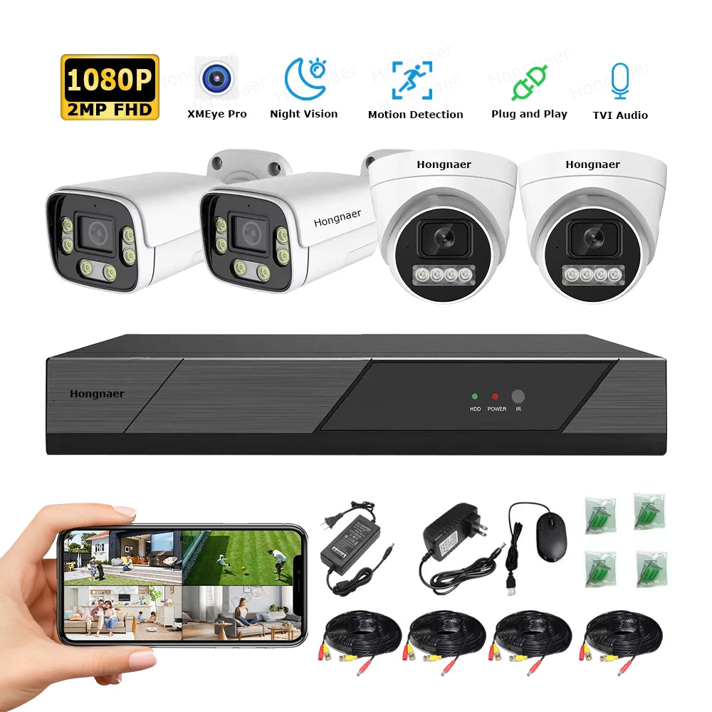 Hongnaer 1080P 4CH AHD Analog DVR CCTV Camera Surveillance System With Starlight Night Vision for Indoor Outdoor Home and Shop