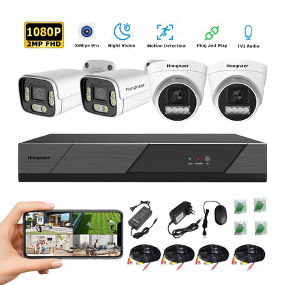 Hongnaer 1080P 4CH AHD Analog DVR CCTV Camera Surveillance System With Starlight Night Vision for Indoor Outdoor Home and Shop