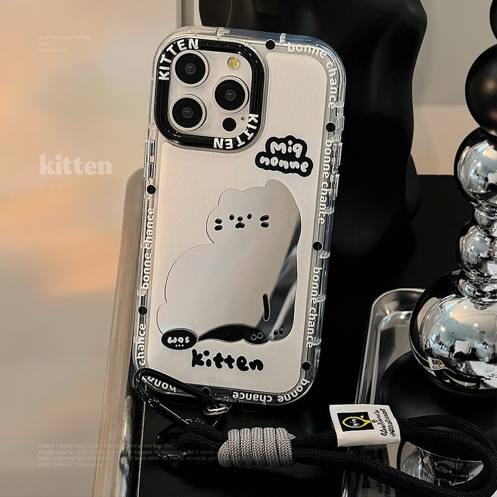 ins wind mirror cartoon cat suitable for 16Pro Max Apple 15 mobile phone case iPhone17 sweet cool 12 hand rope
