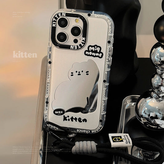 ins wind mirror cartoon cat suitable for 16Pro Max Apple 15 mobile phone case iPhone17 sweet cool 12 hand rope