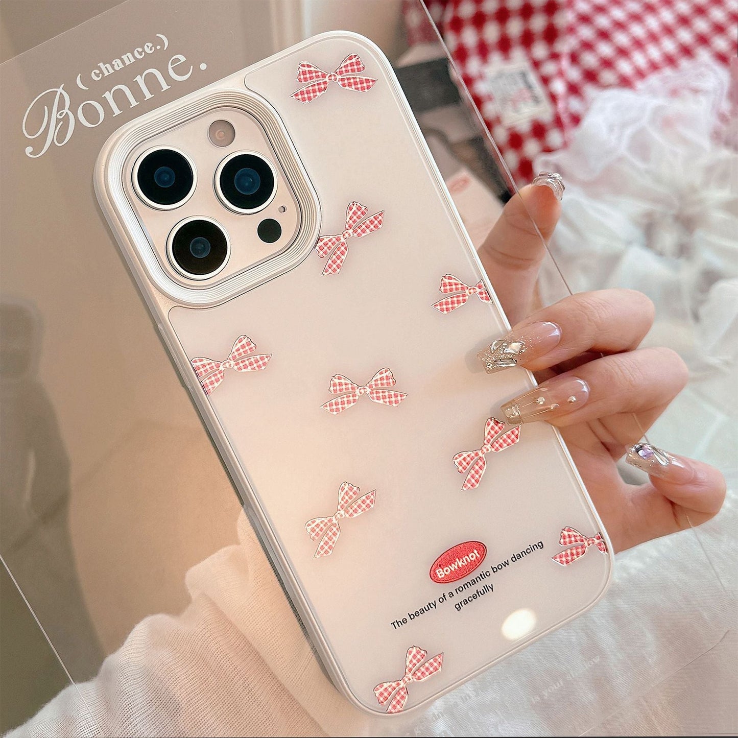 Gilt red plaid bow iPhone17 phone case Apple 14 for 16promax glass hard 13 sweet