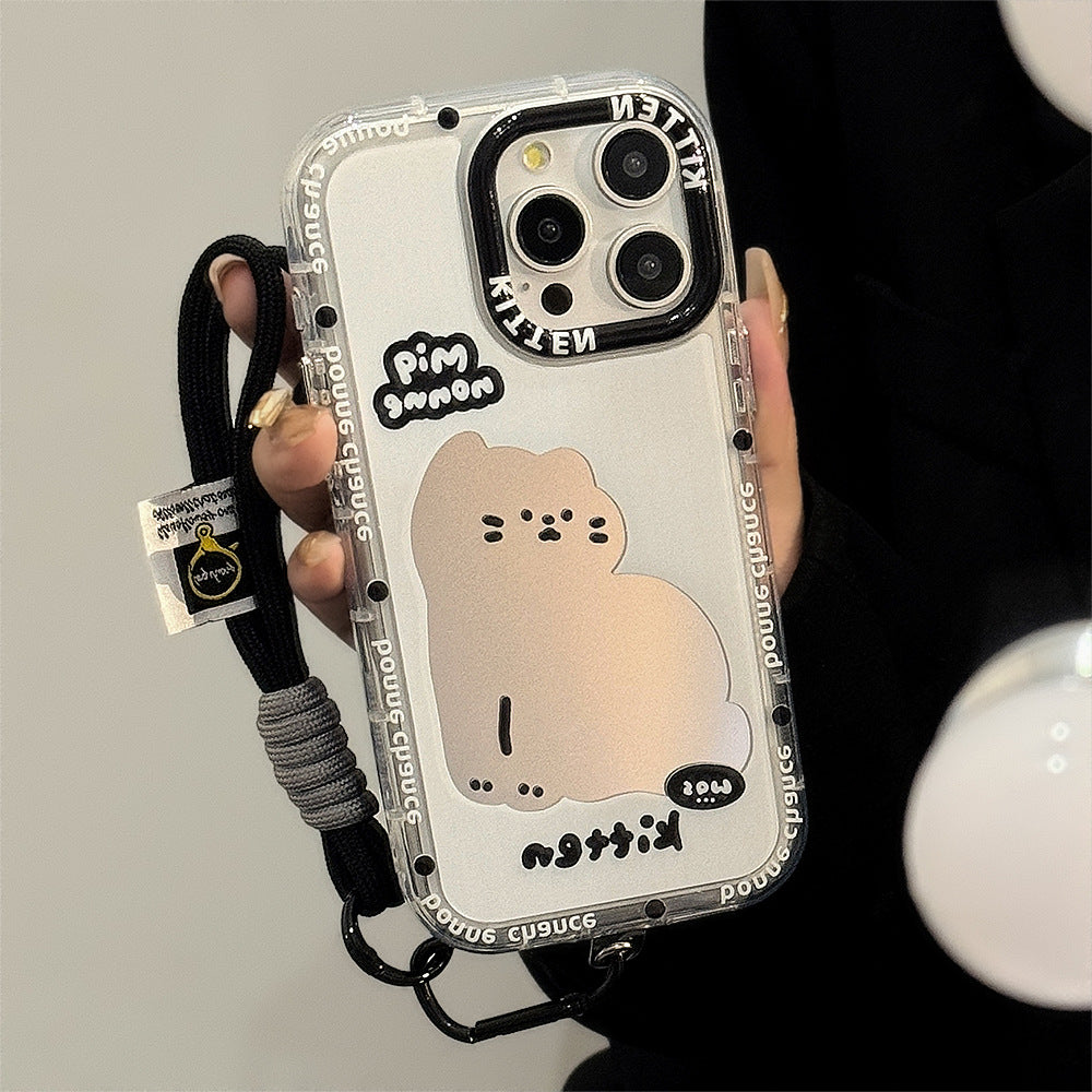 ins wind mirror cartoon cat suitable for 16Pro Max Apple 15 mobile phone case iPhone17 sweet cool 12 hand rope
