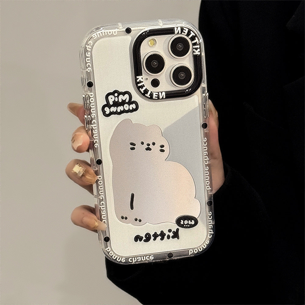 ins wind mirror cartoon cat suitable for 16Pro Max Apple 15 mobile phone case iPhone17 sweet cool 12 hand rope