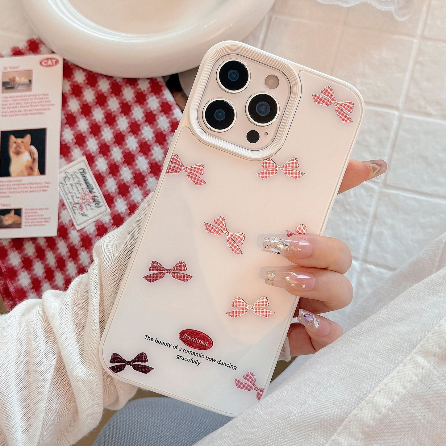 Gilt red plaid bow iPhone17 phone case Apple 14 for 16promax glass hard 13 sweet