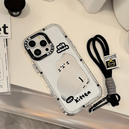 ins wind mirror cartoon cat suitable for 16Pro Max Apple 15 mobile phone case iPhone17 sweet cool 12 hand rope