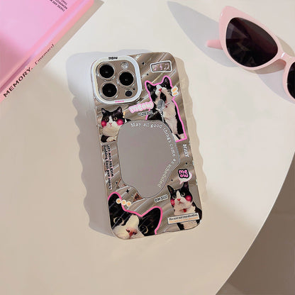 Fun little black cat for iPhone15 mobile phone case Apple 13 electroplated silver 17promax mirror 16 hard case 11