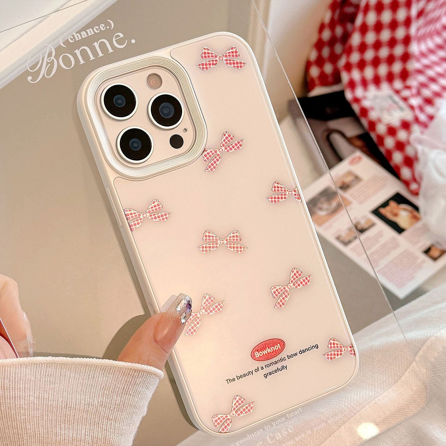Gilt red plaid bow iPhone17 phone case Apple 14 for 16promax glass hard 13 sweet