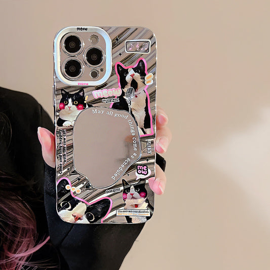 Fun little black cat for iPhone15 mobile phone case Apple 13 electroplated silver 17promax mirror 16 hard case 11