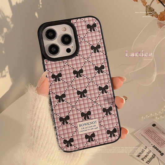 Korean bow plaid phone case 16 Apple 17promax sweet 11 for iPhone15 leather 13 winter