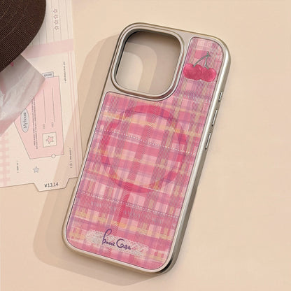 Gilt phone case Apple 16promax red plaid cherry iphone15 electroplating 14 for sweet and cool 17 Huawei