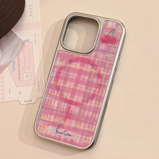 Gilt phone case Apple 16promax red plaid cherry iphone15 electroplating 14 for sweet and cool 17 Huawei