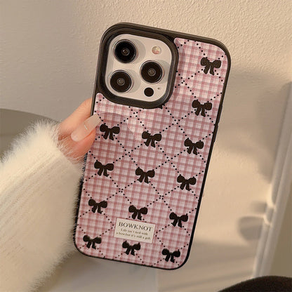 Korean bow plaid phone case 16 Apple 17promax sweet 11 for iPhone15 leather 13 winter