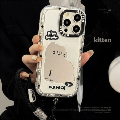 ins wind mirror cartoon cat suitable for 16Pro Max Apple 15 mobile phone case iPhone17 sweet cool 12 hand rope