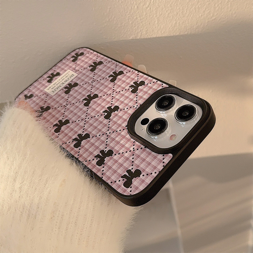 Korean bow plaid phone case 16 Apple 17promax sweet 11 for iPhone15 leather 13 winter