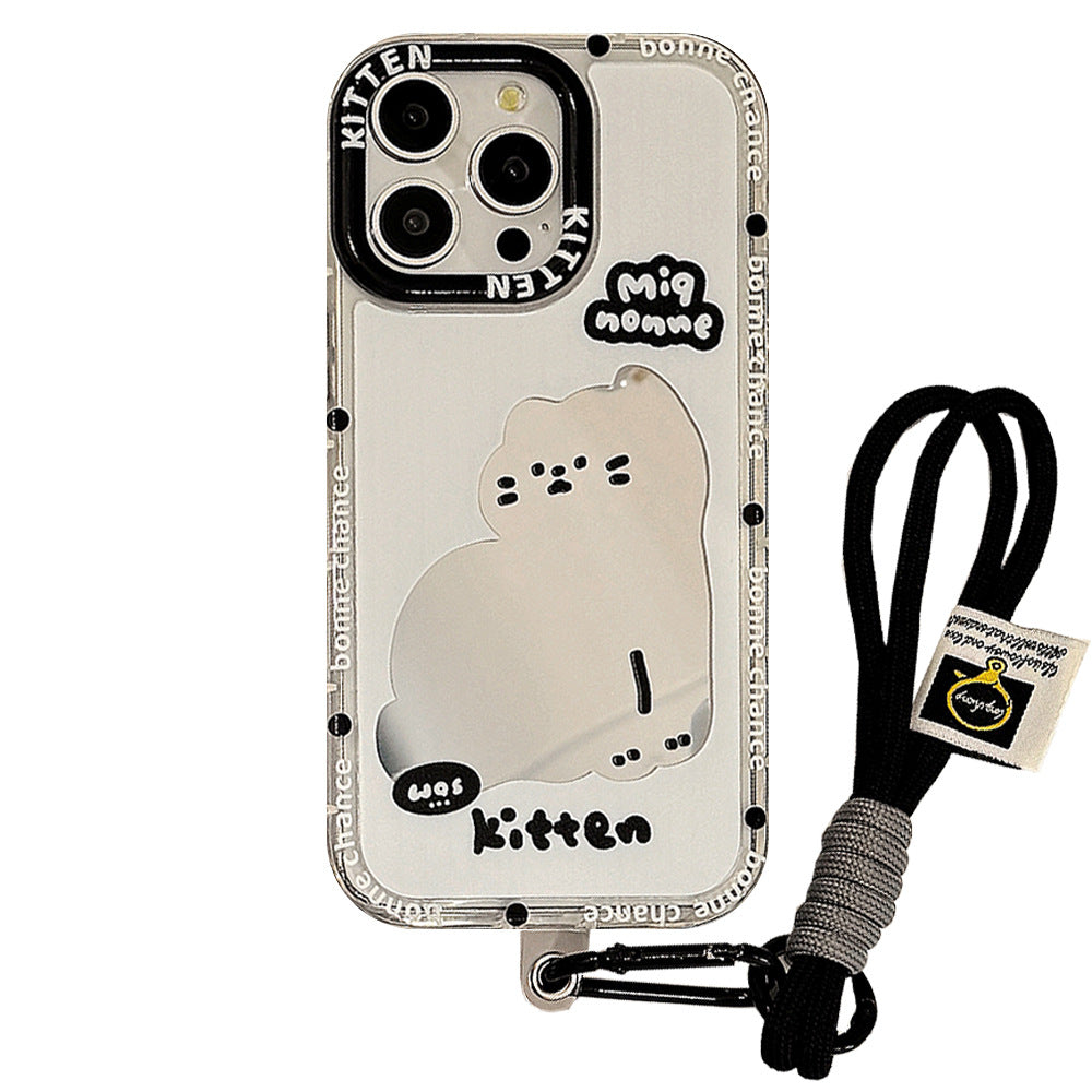 ins wind mirror cartoon cat suitable for 16Pro Max Apple 15 mobile phone case iPhone17 sweet cool 12 hand rope