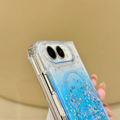 Luxury Gradient Glitter Sequins Pearl Wristband Bracelet For Magsafe Case For iPhone Duo Clear Wireless Charge Shockproof Cover