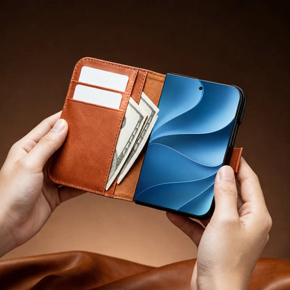 For iPhone Duo 100% Genuine Leather Wallet Case with Magnetic Closure, Stand, Card Slots, Shockproof Anti-Slip Protective Cover