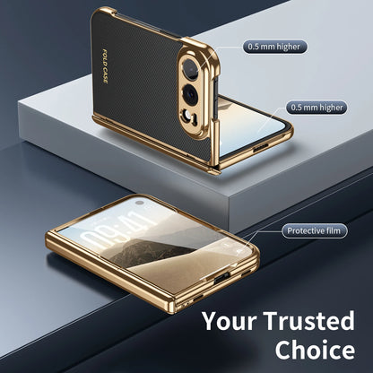 Case For iPhone Duo Luxuxy PU Leather Fold Phone Plating Hard PC Shockproof Back Cover Built-in Hinge HD Screen Protector Cover