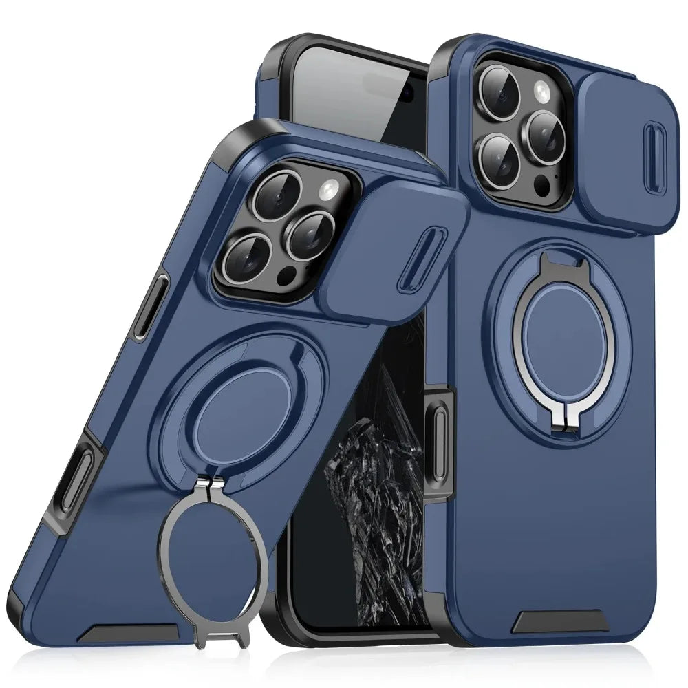 Heavy-Duty Rugged Armor Magnetic Bracket Phone Case For iPhone 17 16 Plus 15 14 13 12 11 Pro Max Slide Camera Protection Cover