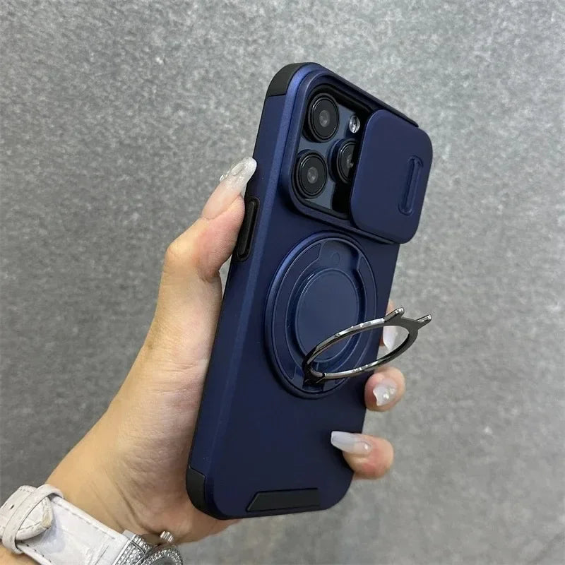 Heavy-Duty Rugged Armor Magnetic Bracket Phone Case For iPhone 17 16 Plus 15 14 13 12 11 Pro Max Slide Camera Protection Cover