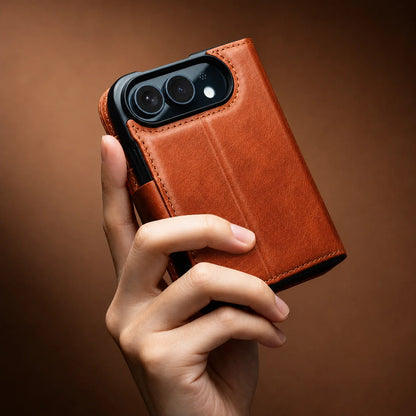 For iPhone Duo 100% Genuine Leather Wallet Case with Magnetic Closure, Stand, Card Slots, Shockproof Anti-Slip Protective Cover