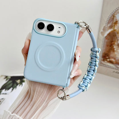 Fashion Macaron Candy Color Lychee Leather Texture Case for iPhone Duo 18 Fold for Magsafe Hand Braided Wriststrap Protect Cover