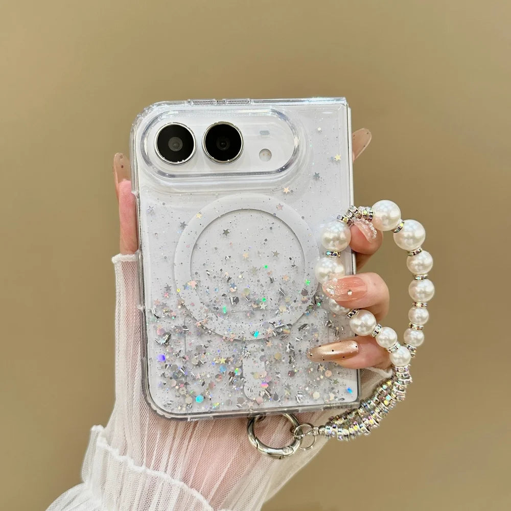 Luxury Gradient Glitter Sequins Pearl Wristband Bracelet For Magsafe Case For iPhone Duo Clear Wireless Charge Shockproof Cover