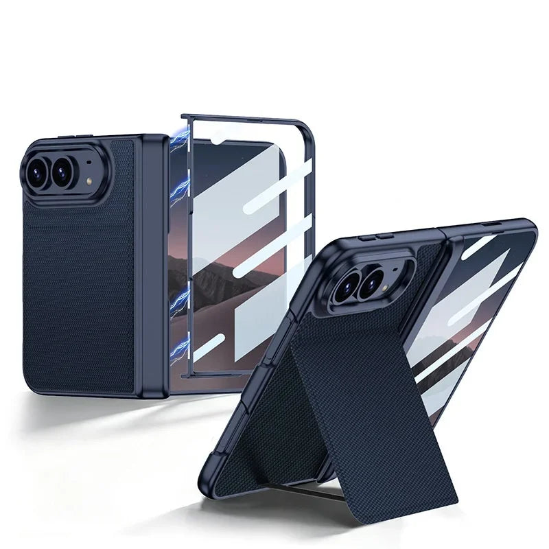 Double-layer technology fabric magnetic case for iPhone Duo woven twill design, film integrated case with invisible bracke