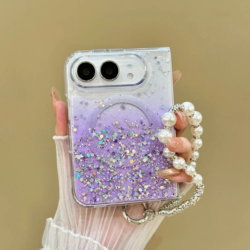 Luxury Gradient Glitter Sequins Pearl Wristband Bracelet For Magsafe Case For iPhone Duo Clear Wireless Charge Shockproof Cover