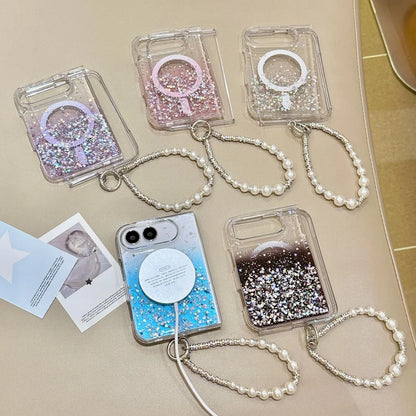 Luxury Gradient Glitter Sequins Pearl Wristband Bracelet For Magsafe Case For iPhone Duo Clear Wireless Charge Shockproof Cover