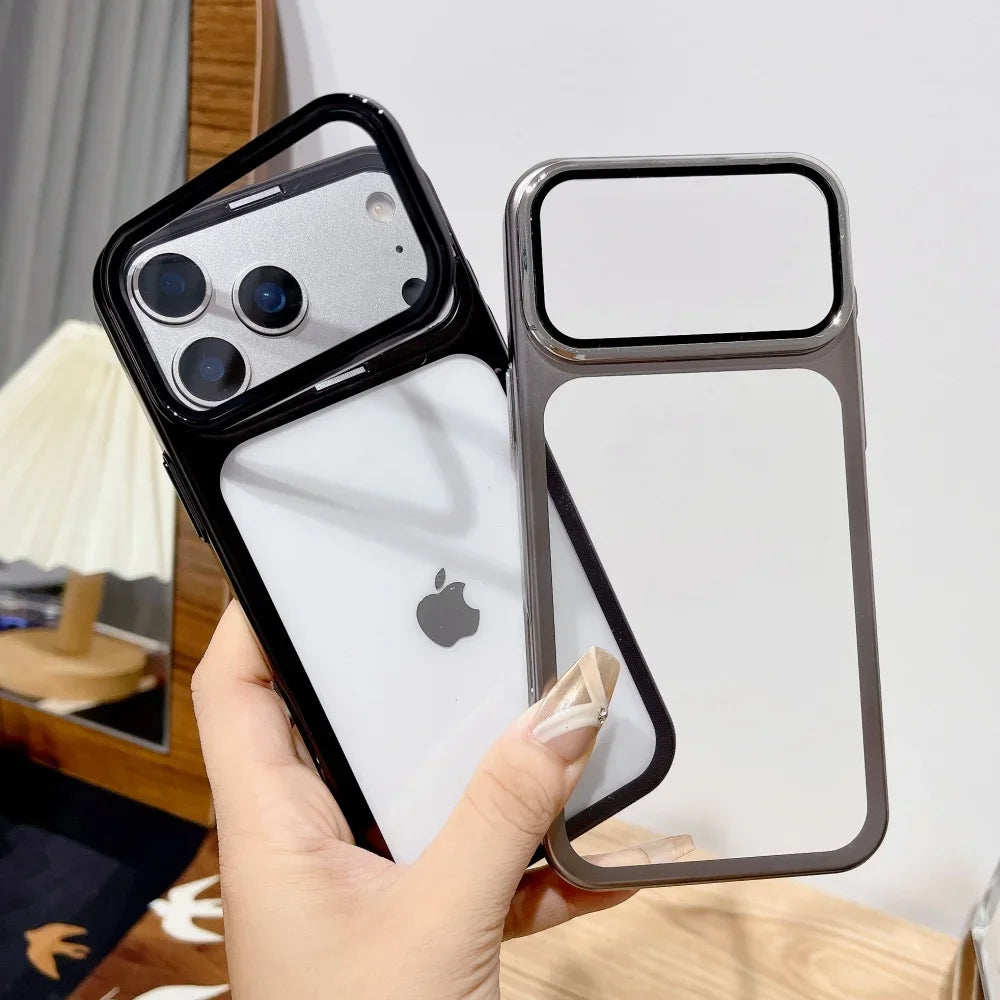 Plating Fold Glass Camera Stand Holder Phone Case For iPhone 17 17Pro 17Air 17 Pro Max Ultra Thin Transparent Shockproof Cover