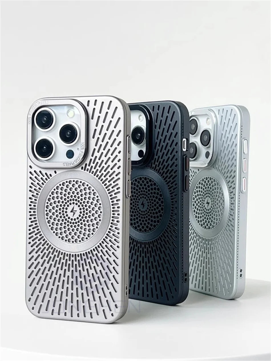 Luxury Heat Dissipation Hollow For Magsafe Case For iPhone 15 14 13 12 16 Pro Max Titanium Magnetic Wireless Charge Hard Cover