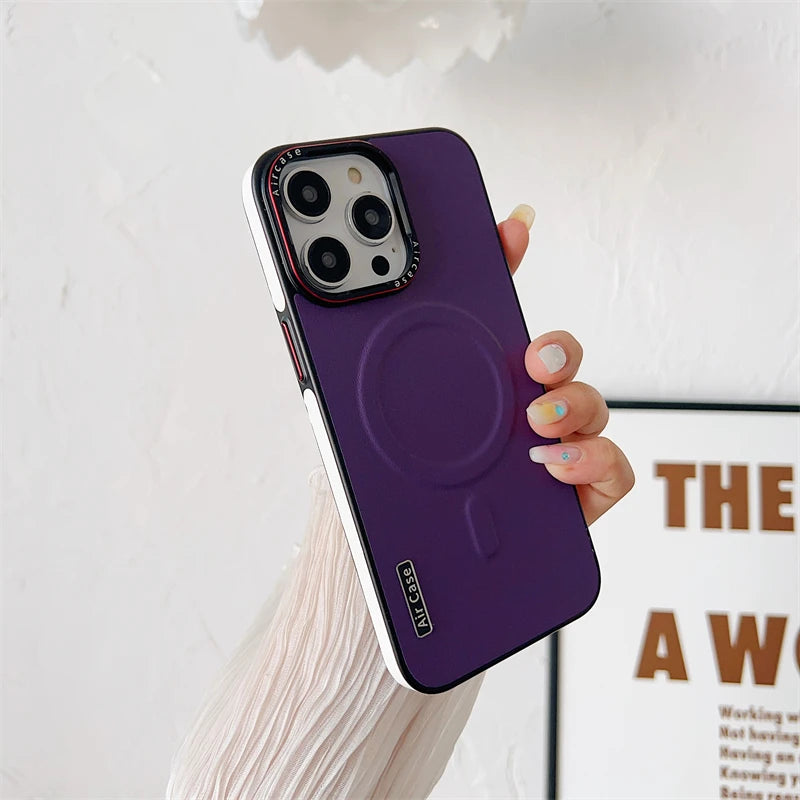 Plain Leather Magnetic MagSafe Wireless Charge Phone Case for iPhone 15 16 Pro Max 14 13 12 11 Pro Shockproof Soft Bumper Cover