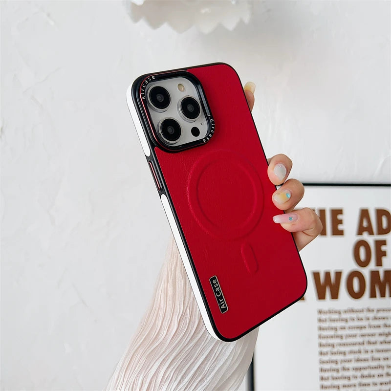 Plain Leather Magnetic MagSafe Wireless Charge Phone Case for iPhone 15 16 Pro Max 14 13 12 11 Pro Shockproof Soft Bumper Cover