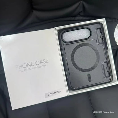 Magnetic Clear Matte Hinge Protection Stand Case for iPhone Duo For Wireless Charging Phone Cover With Screen Glass Film Holder