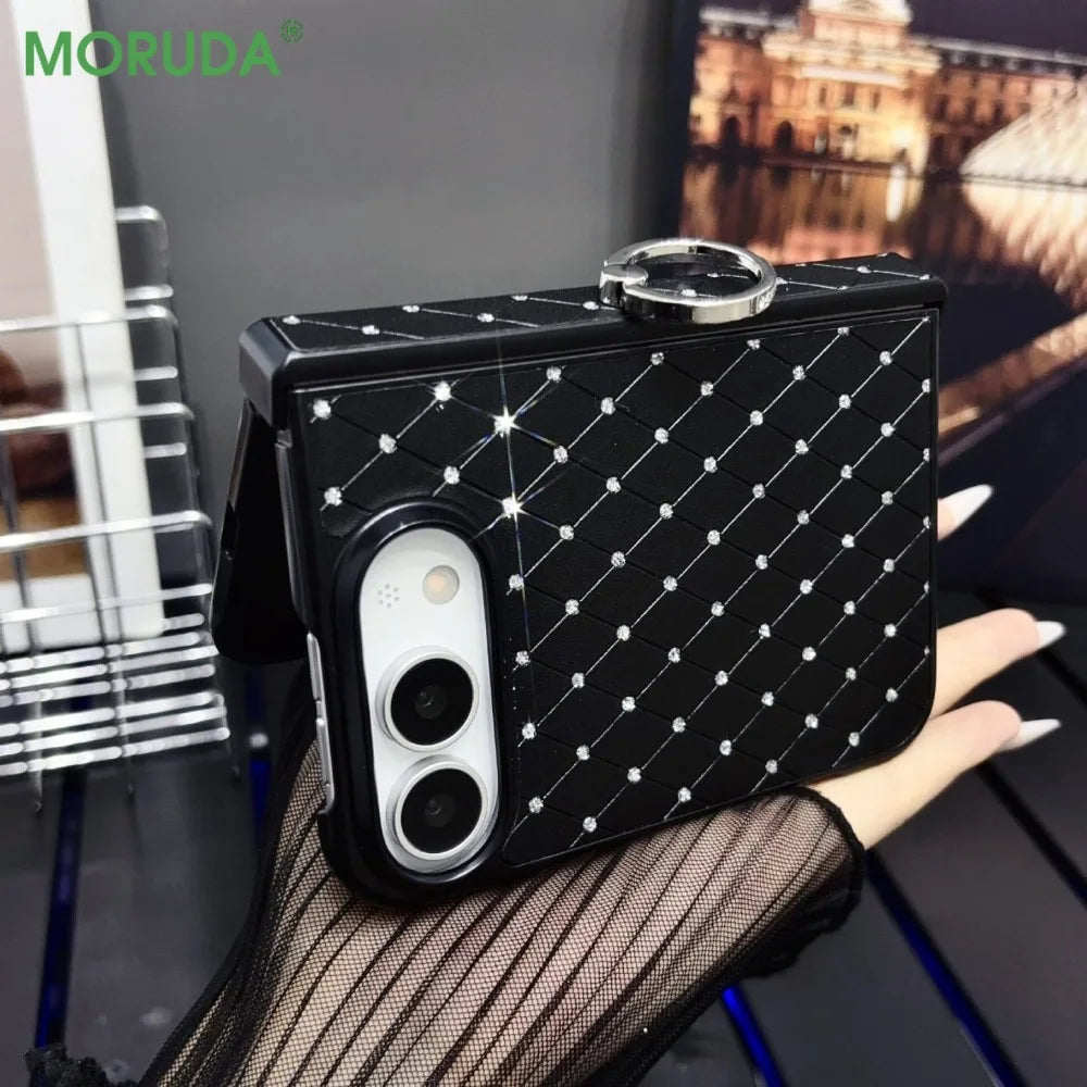 For iPhone Duo duo Fold Case Luxury Bling Diamond Grid Pattern Rotatable Ring Bracket Cases Hinge Protection Shockproof Cover