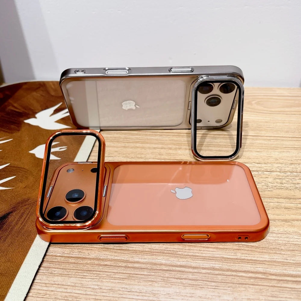 Plating Fold Glass Camera Stand Holder Phone Case For iPhone 17 17Pro 17Air 17 Pro Max Ultra Thin Transparent Shockproof Cover